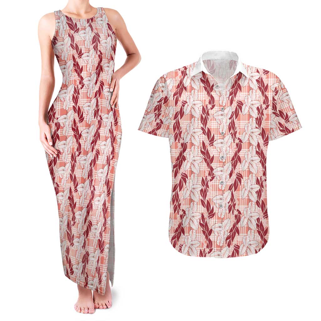 Hawaii Ti Leaf Maile Tuberose Lei Couples Matching Tank Maxi Dress and Hawaiian Shirt With Hanalei Leaf Red LT05 Red - Polynesian Pride