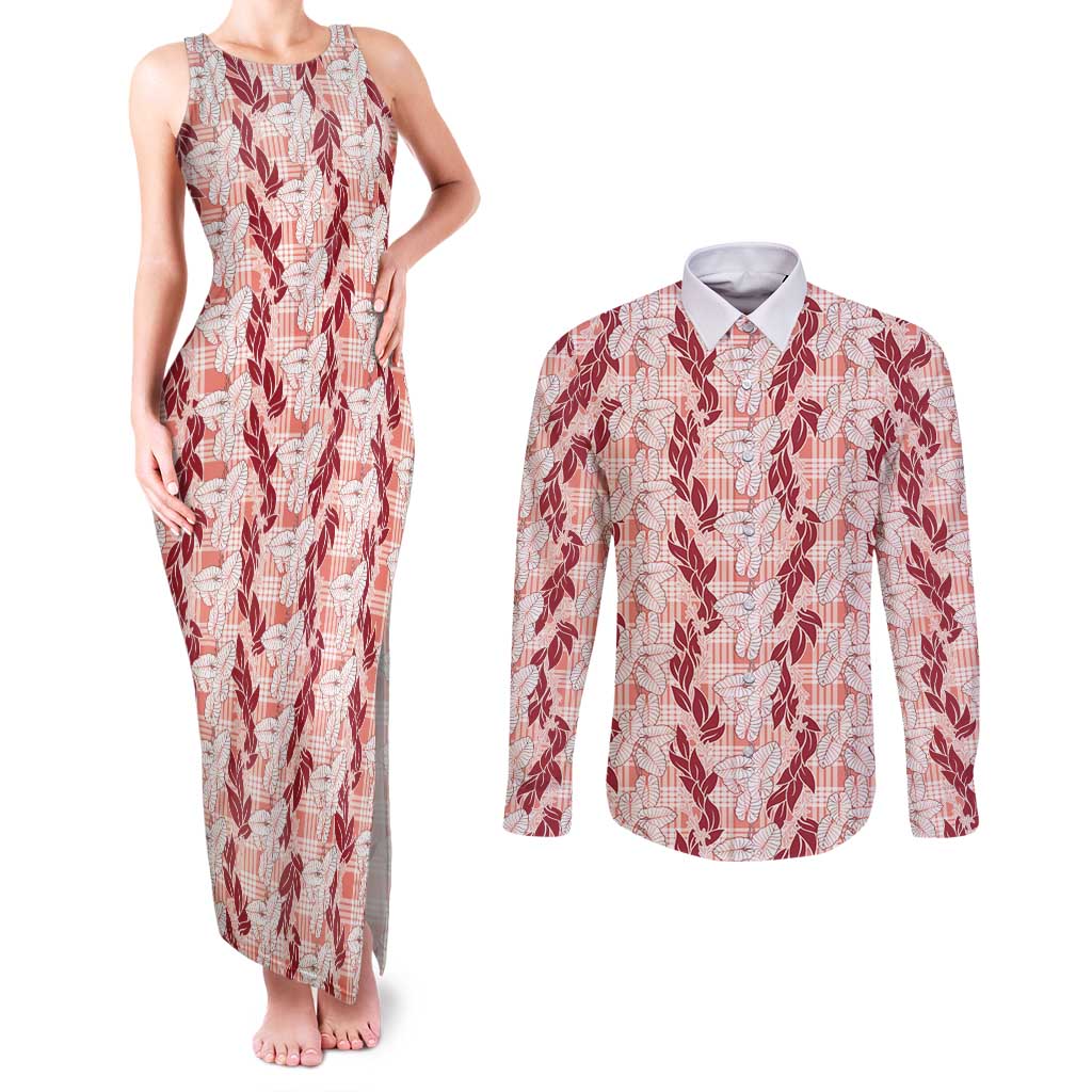 Hawaii Ti Leaf Maile Tuberose Lei Couples Matching Tank Maxi Dress and Long Sleeve Button Shirt With Hanalei Leaf Red LT05 Red - Polynesian Pride