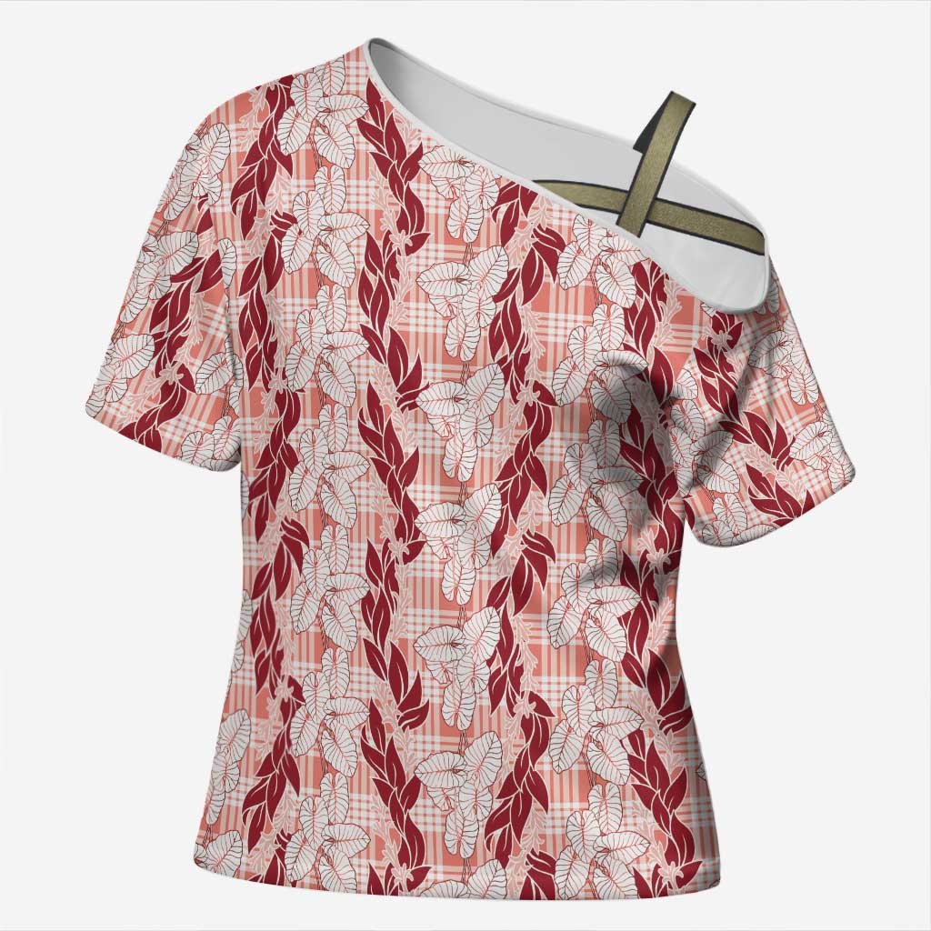 Hawaii Ti Leaf Maile Tuberose Lei Cross Shoulder Shirt With Hanalei Leaf Red