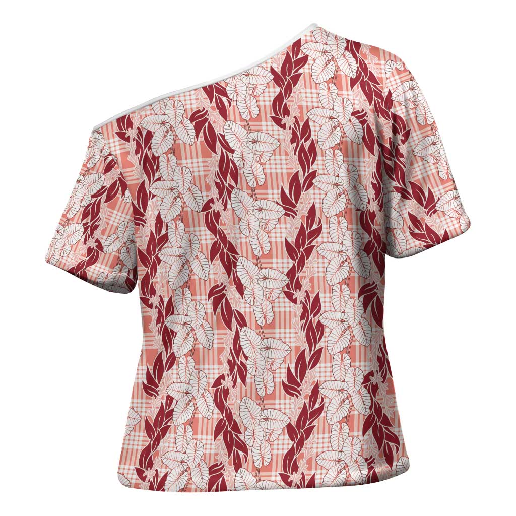 Hawaii Ti Leaf Maile Tuberose Lei Cross Shoulder Shirt With Hanalei Leaf Red