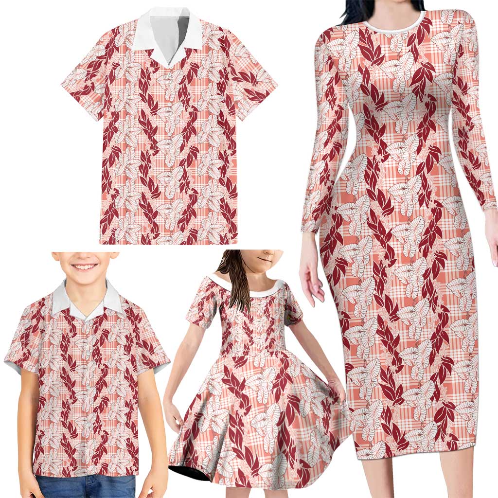 Hawaii Ti Leaf Maile Tuberose Lei Family Matching Long Sleeve Bodycon Dress and Hawaiian Shirt With Hanalei Leaf Red LT05 - Polynesian Pride