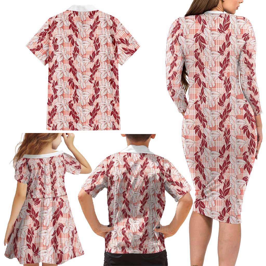 Hawaii Ti Leaf Maile Tuberose Lei Family Matching Long Sleeve Bodycon Dress and Hawaiian Shirt With Hanalei Leaf Red LT05 - Polynesian Pride