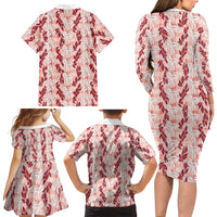 Hawaii Ti Leaf Maile Tuberose Lei Family Matching Long Sleeve Bodycon Dress and Hawaiian Shirt With Hanalei Leaf Red LT05 - Polynesian Pride