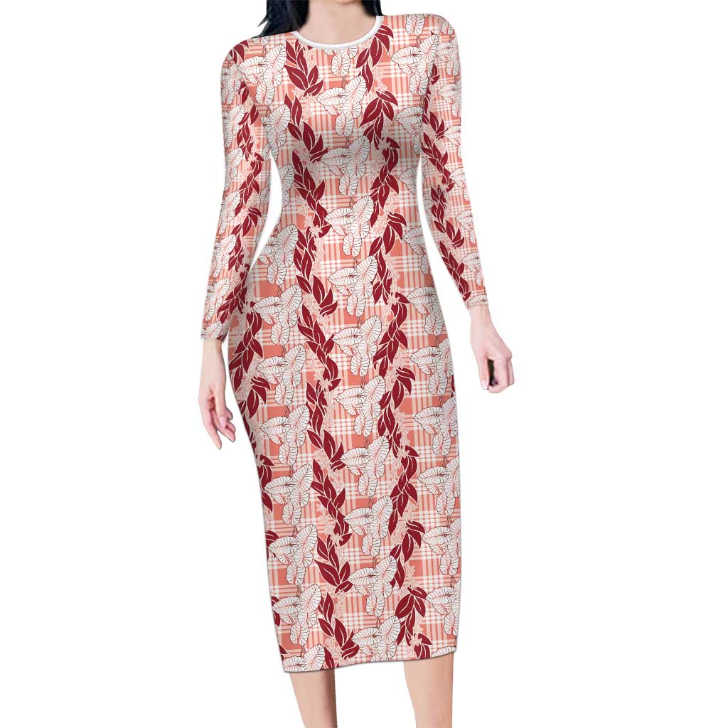 Hawaii Ti Leaf Maile Tuberose Lei Family Matching Long Sleeve Bodycon Dress and Hawaiian Shirt With Hanalei Leaf Red LT05 Mom's Dress Red - Polynesian Pride
