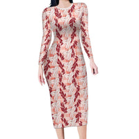 Hawaii Ti Leaf Maile Tuberose Lei Family Matching Long Sleeve Bodycon Dress and Hawaiian Shirt With Hanalei Leaf Red LT05 Mom's Dress Red - Polynesian Pride