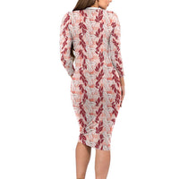 Hawaii Ti Leaf Maile Tuberose Lei Family Matching Long Sleeve Bodycon Dress and Hawaiian Shirt With Hanalei Leaf Red LT05 - Polynesian Pride