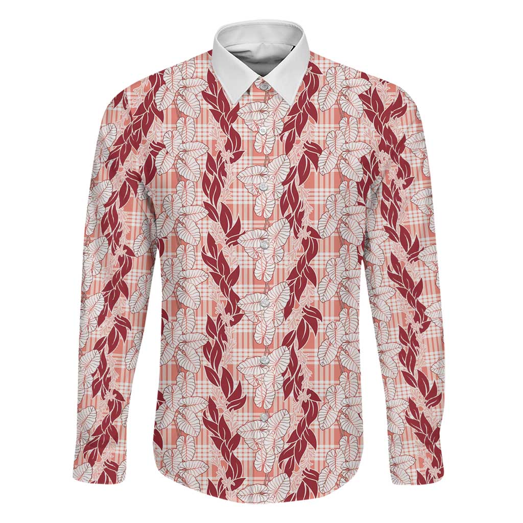 Hawaii Ti Leaf Maile Tuberose Lei Family Matching Off The Shoulder Long Sleeve Dress and Hawaiian Shirt With Hanalei Leaf Red LT05 Dad's Shirt - Long Sleeve Red - Polynesian Pride