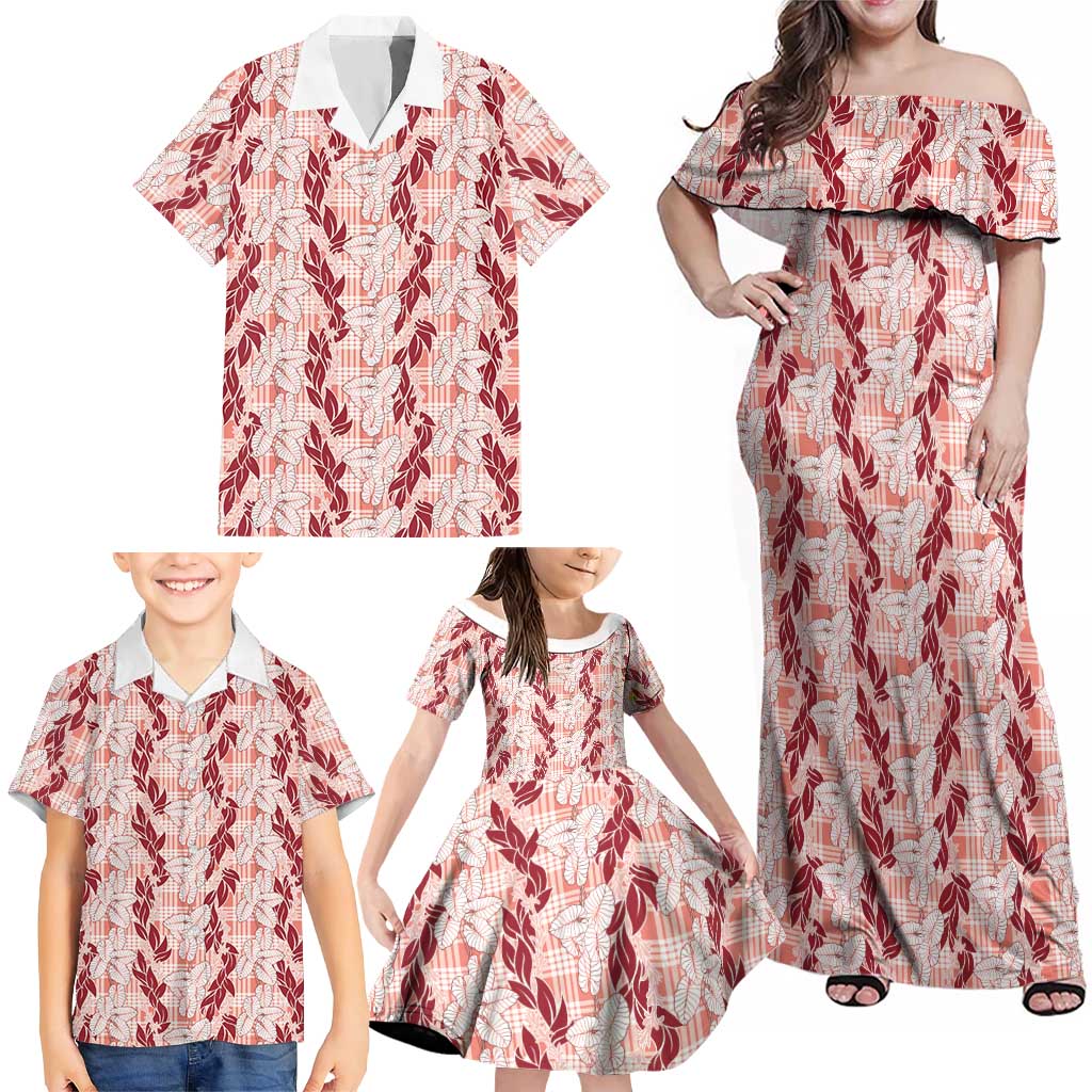 Hawaii Ti Leaf Maile Tuberose Lei Family Matching Off Shoulder Maxi Dress and Hawaiian Shirt With Hanalei Leaf Red