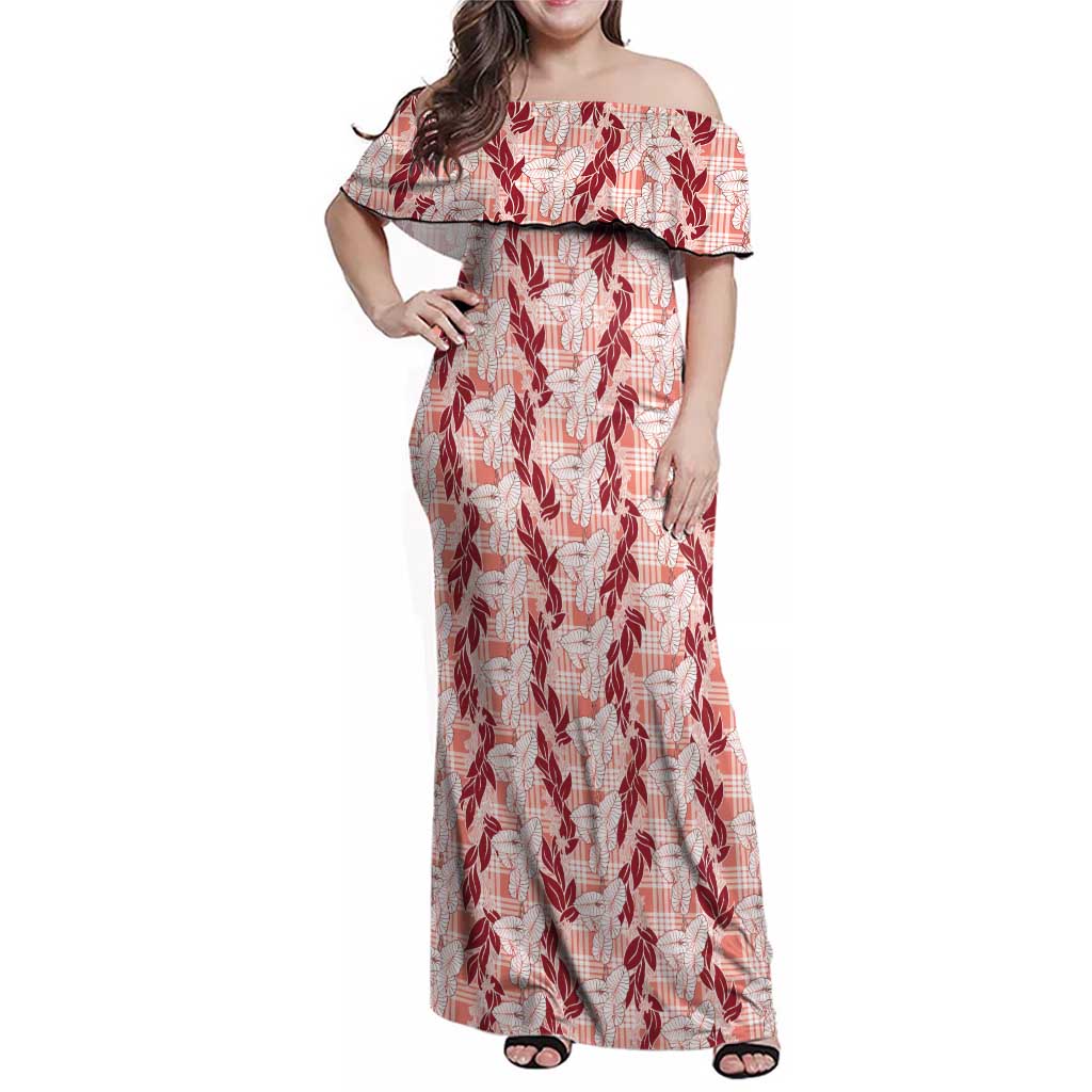 Hawaii Ti Leaf Maile Tuberose Lei Family Matching Off Shoulder Maxi Dress and Hawaiian Shirt With Hanalei Leaf Red LT05 Mom's Dress Red - Polynesian Pride