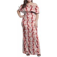Hawaii Ti Leaf Maile Tuberose Lei Family Matching Off Shoulder Maxi Dress and Hawaiian Shirt With Hanalei Leaf Red LT05 Mom's Dress Red - Polynesian Pride