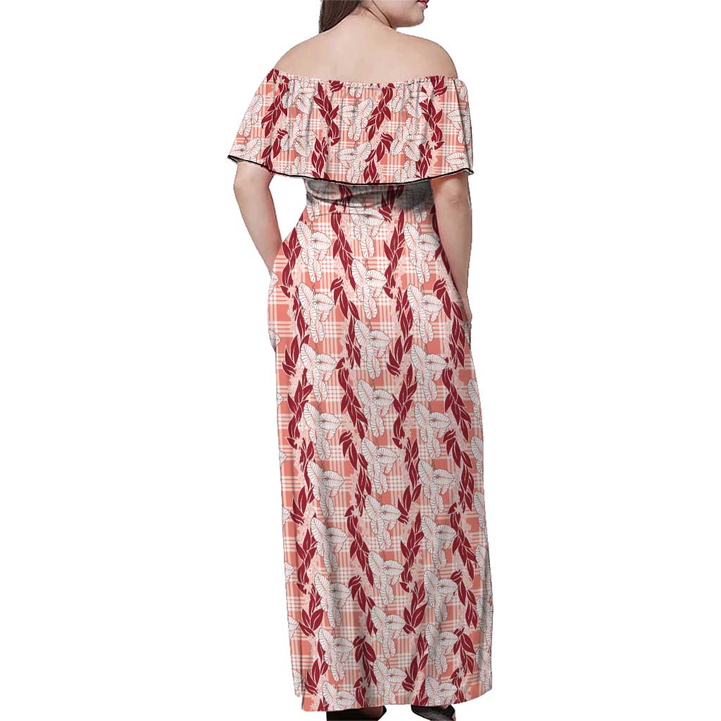 Hawaii Ti Leaf Maile Tuberose Lei Family Matching Off Shoulder Maxi Dress and Hawaiian Shirt With Hanalei Leaf Red LT05 - Polynesian Pride