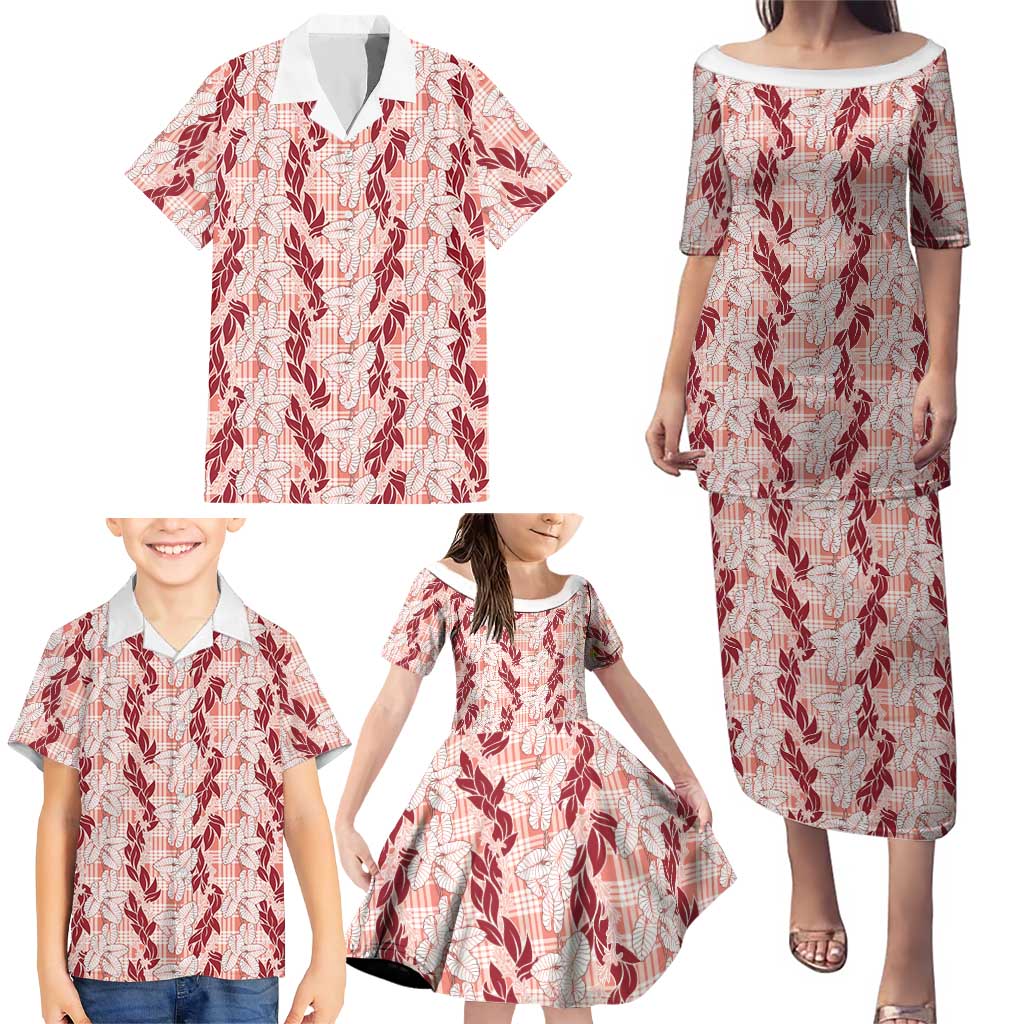 Hawaii Ti Leaf Maile Tuberose Lei Family Matching Puletasi and Hawaiian Shirt With Hanalei Leaf Red LT05 - Polynesian Pride