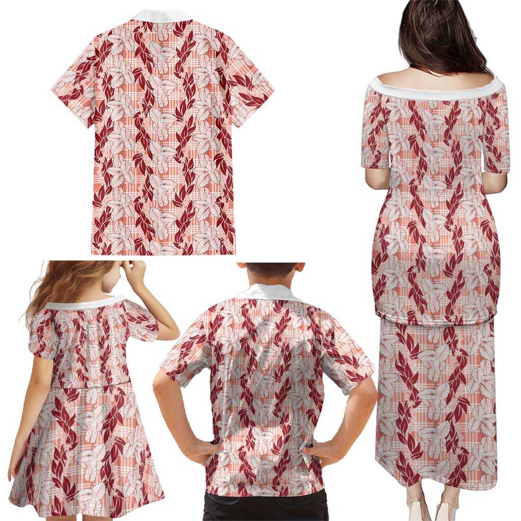 Hawaii Ti Leaf Maile Tuberose Lei Family Matching Puletasi and Hawaiian Shirt With Hanalei Leaf Red LT05 - Polynesian Pride