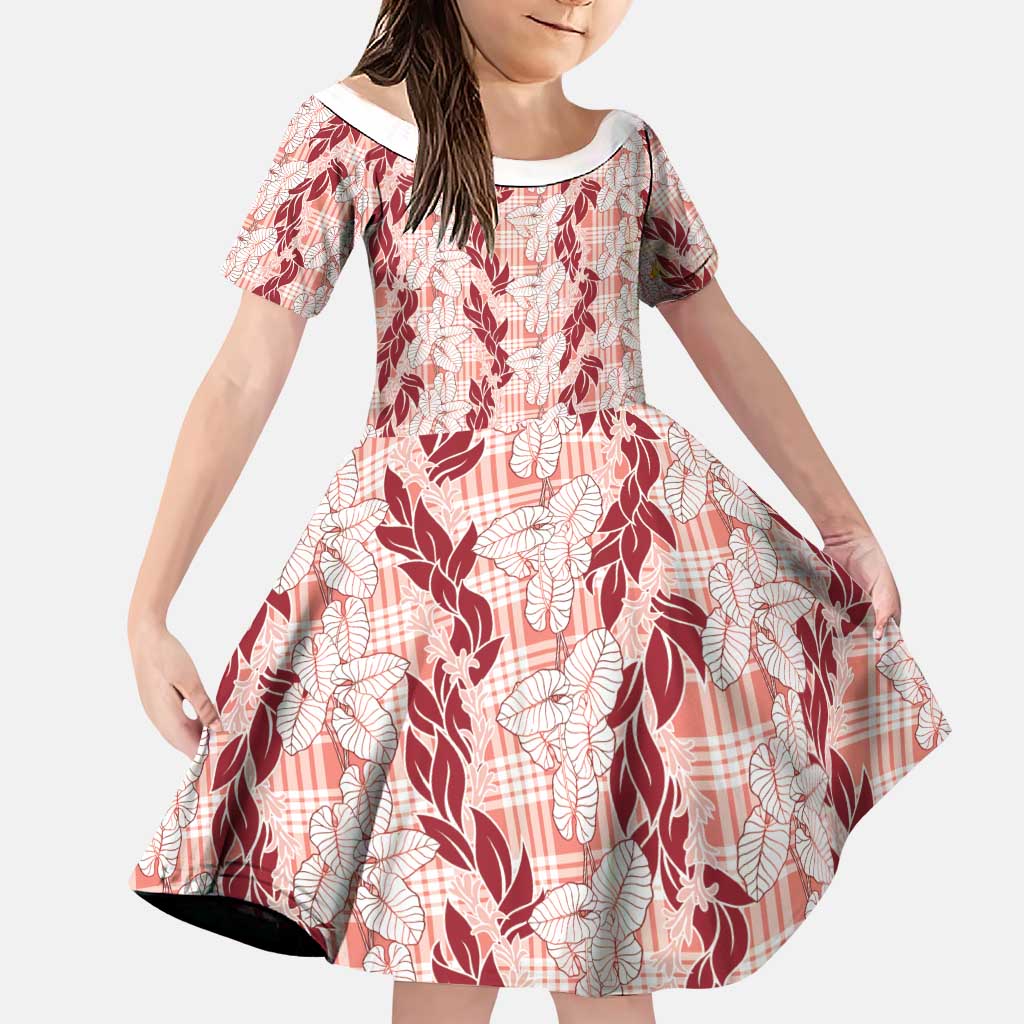 Hawaii Ti Leaf Maile Tuberose Lei Family Matching Short Sleeve Bodycon Dress and Hawaiian Shirt With Hanalei Leaf Red LT05 Daughter's Dress Red - Polynesian Pride