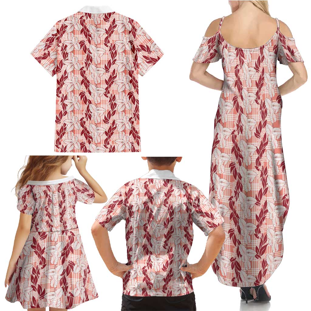Hawaii Ti Leaf Maile Tuberose Lei Family Matching Summer Maxi Dress and Hawaiian Shirt With Hanalei Leaf Red LT05 - Polynesian Pride