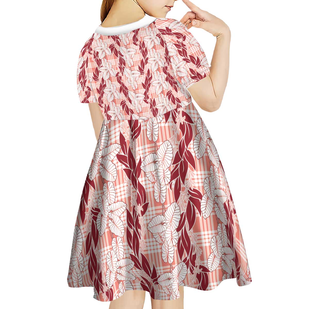 Hawaii Ti Leaf Maile Tuberose Lei Kid Short Sleeve Dress With Hanalei Leaf Red