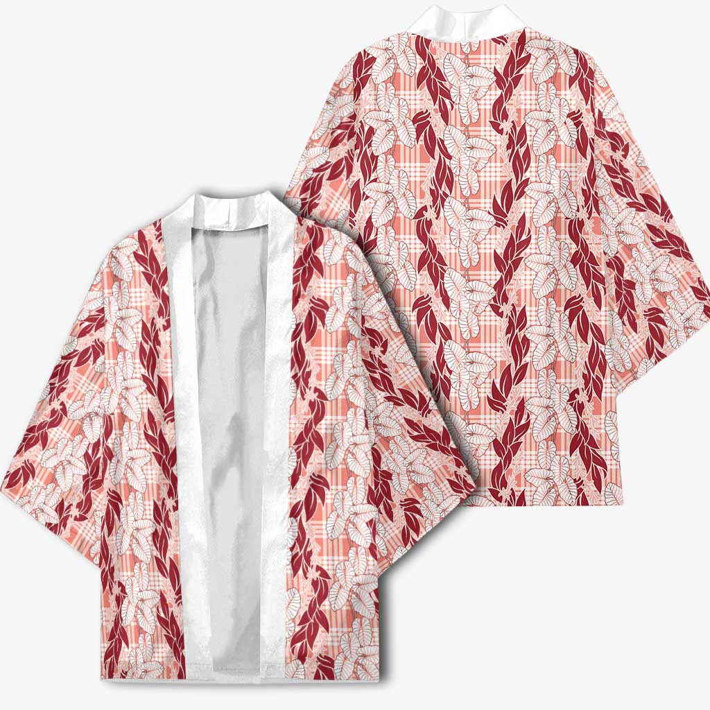 Hawaii Ti Leaf Maile Tuberose Lei Kimono With Hanalei Leaf Red