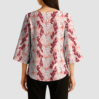 Hawaii Ti Leaf Maile Tuberose Lei Kimono Sleeve Blouse With Hanalei Leaf Red
