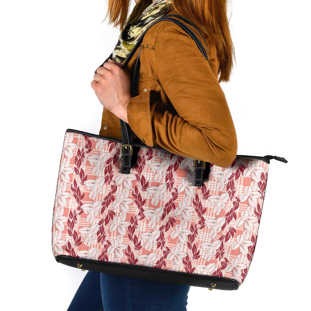 Hawaii Ti Leaf Maile Tuberose Lei Leather Tote Bag With Hanalei Leaf Red