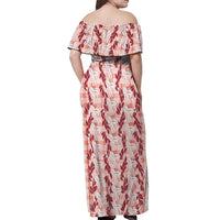 Hawaii Ti Leaf Maile Tuberose Lei Off Shoulder Maxi Dress With Hanalei Leaf Red