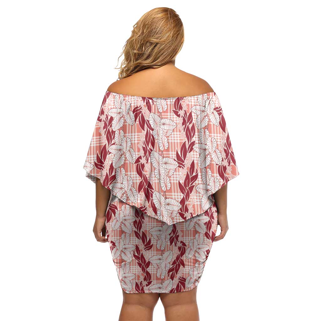 Hawaii Ti Leaf Maile Tuberose Lei Off Shoulder Short Dress With Hanalei Leaf Red
