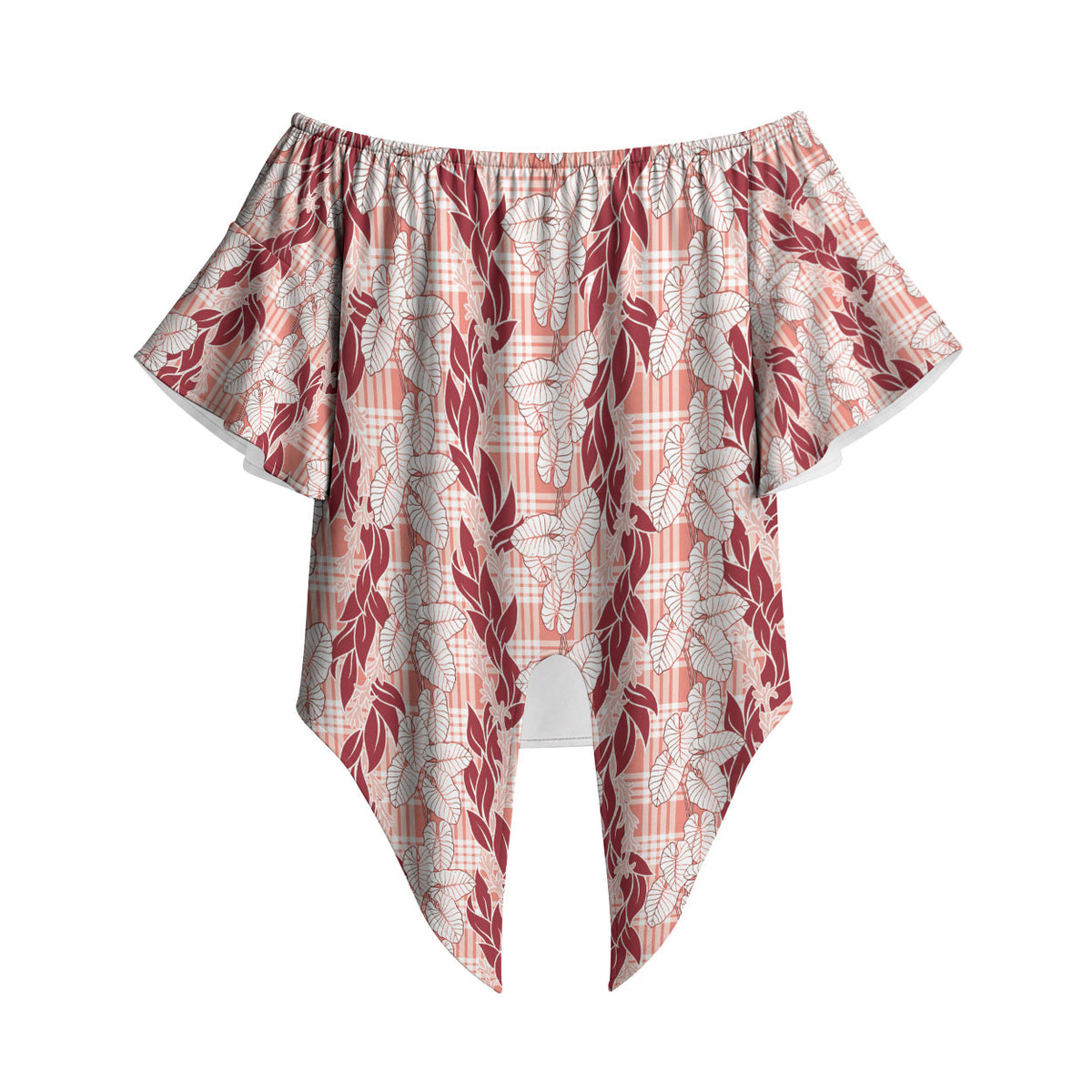 Hawaii Ti Leaf Maile Tuberose Lei Off Shoulder Wrap Waist Top With Hanalei Leaf Red LT05 Red - Polynesian Pride