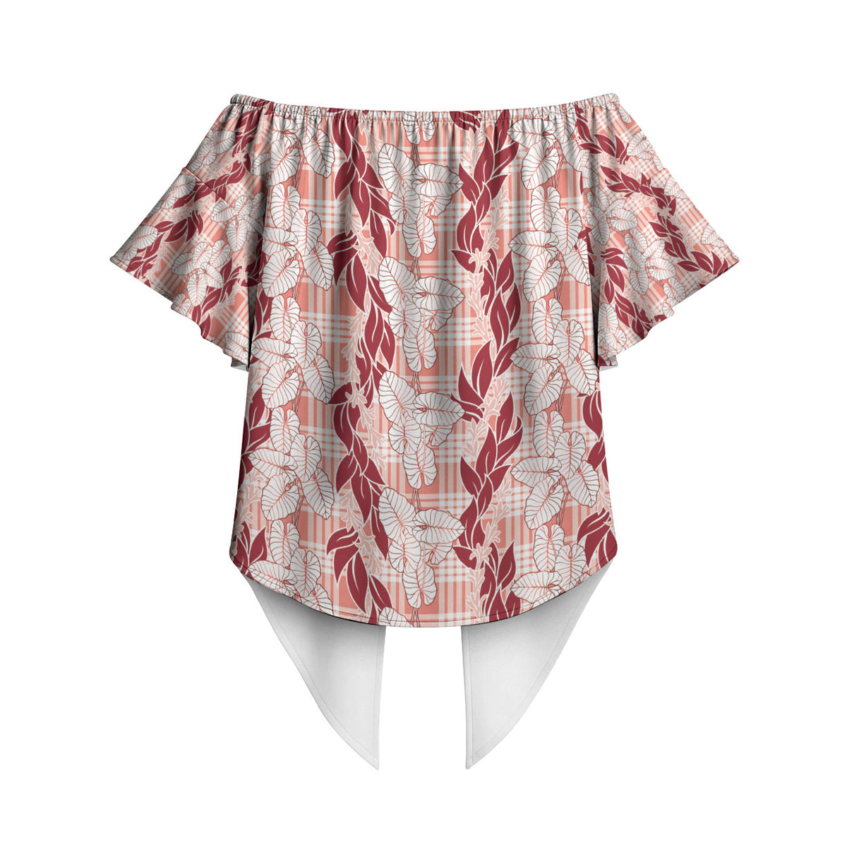 Hawaii Ti Leaf Maile Tuberose Lei Off Shoulder Wrap Waist Top With Hanalei Leaf Red LT05 - Polynesian Pride
