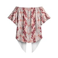 Hawaii Ti Leaf Maile Tuberose Lei Off Shoulder Wrap Waist Top With Hanalei Leaf Red LT05 - Polynesian Pride
