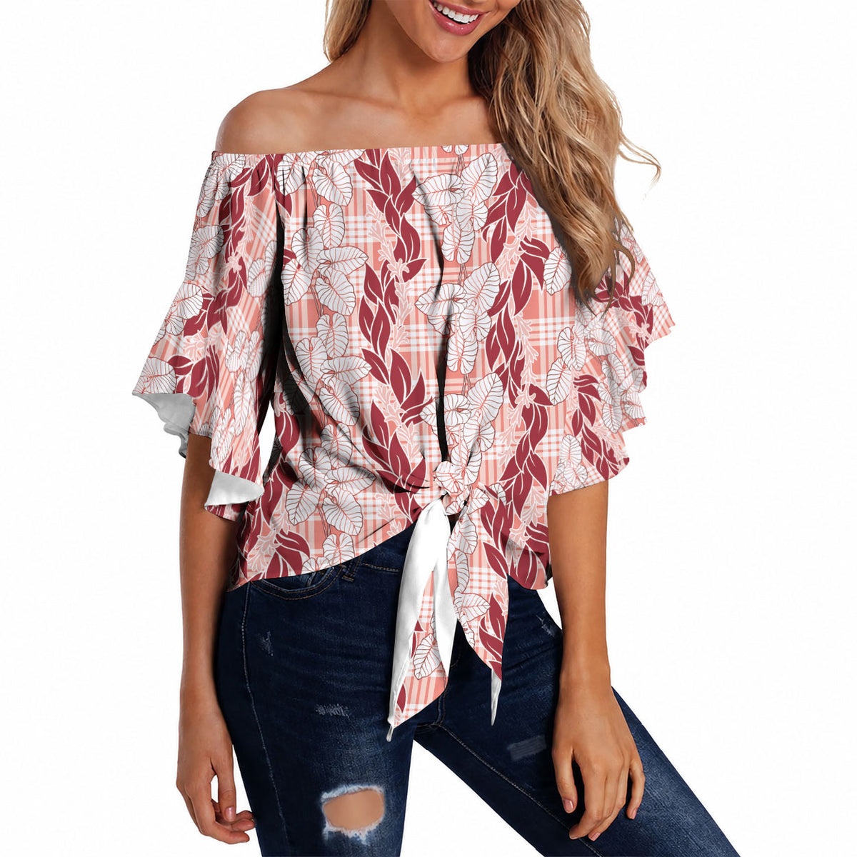 Hawaii Ti Leaf Maile Tuberose Lei Off Shoulder Wrap Waist Top With Hanalei Leaf Red LT05 - Polynesian Pride