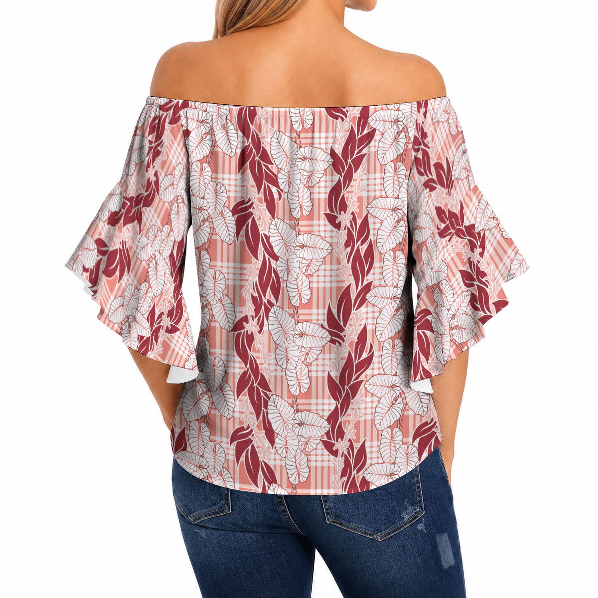 Hawaii Ti Leaf Maile Tuberose Lei Off Shoulder Wrap Waist Top With Hanalei Leaf Red LT05 - Polynesian Pride