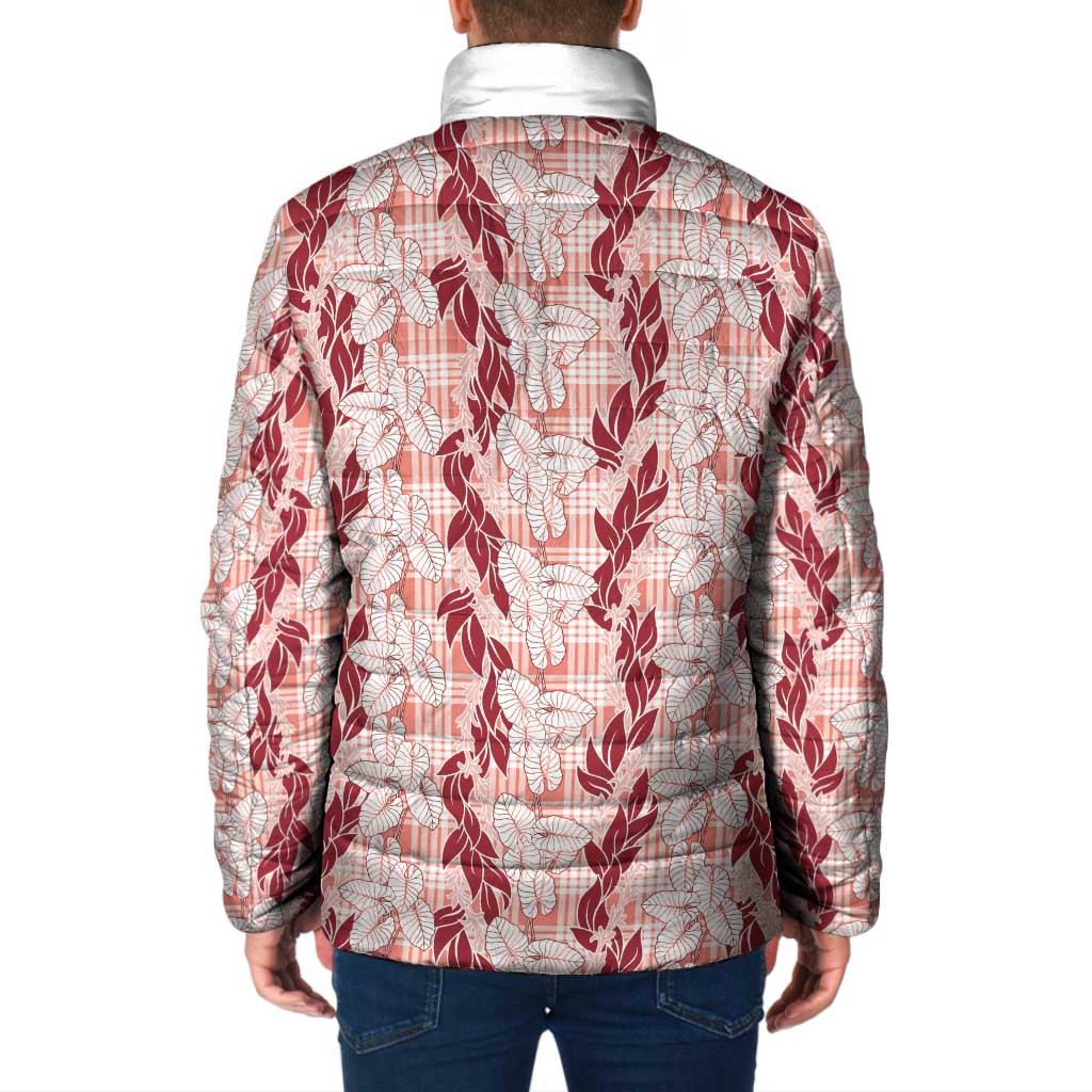 Hawaii Ti Leaf Maile Tuberose Lei Padded Jacket With Hanalei Leaf Red