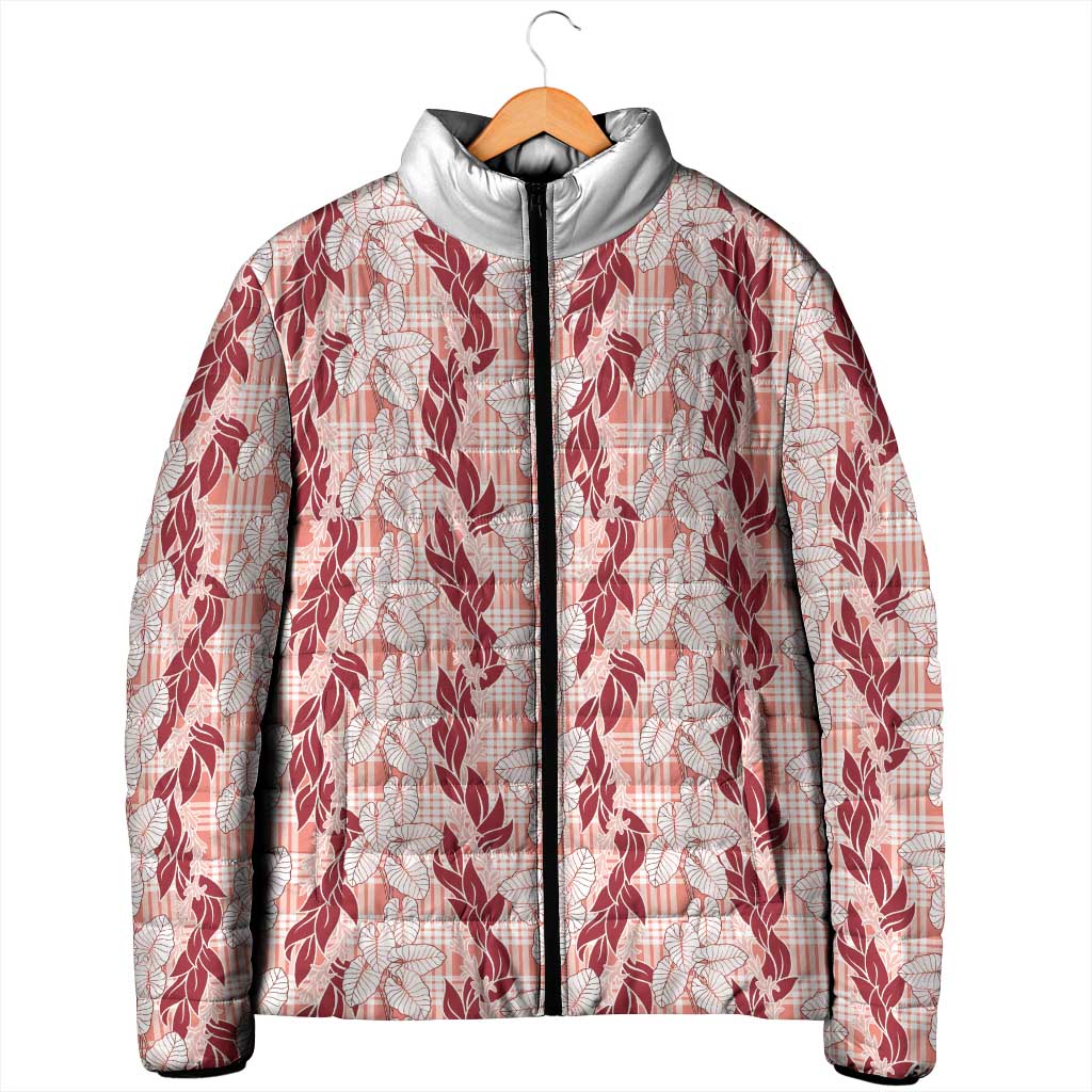 Hawaii Ti Leaf Maile Tuberose Lei Padded Jacket With Hanalei Leaf Red