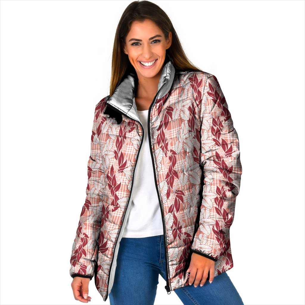 Hawaii Ti Leaf Maile Tuberose Lei Padded Jacket With Hanalei Leaf Red