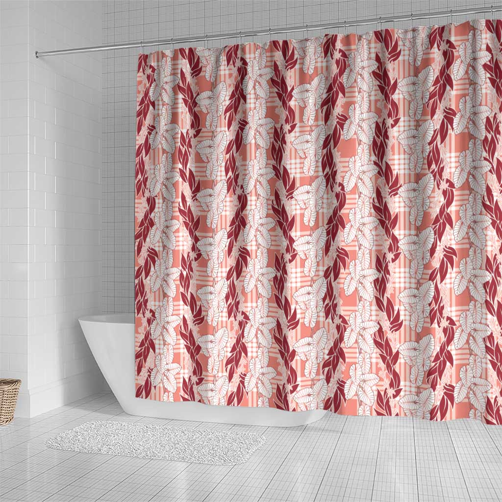 Hawaii Ti Leaf Maile Tuberose Lei Shower Curtain With Hanalei Leaf Red