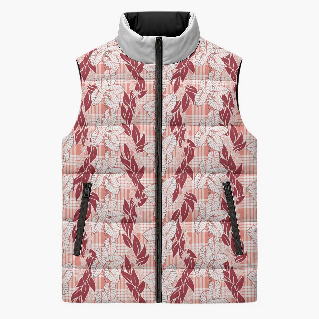 Hawaii Ti Leaf Maile Tuberose Lei Sleeveless Puffer Jacket With Hanalei Leaf Red