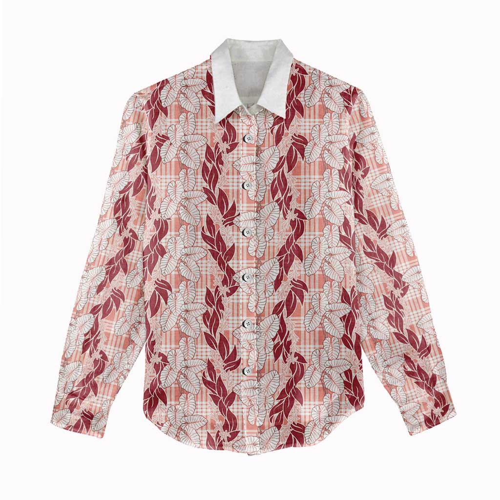 Hawaii Ti Leaf Maile Tuberose Lei Women Casual Shirt With Hanalei Leaf Red
