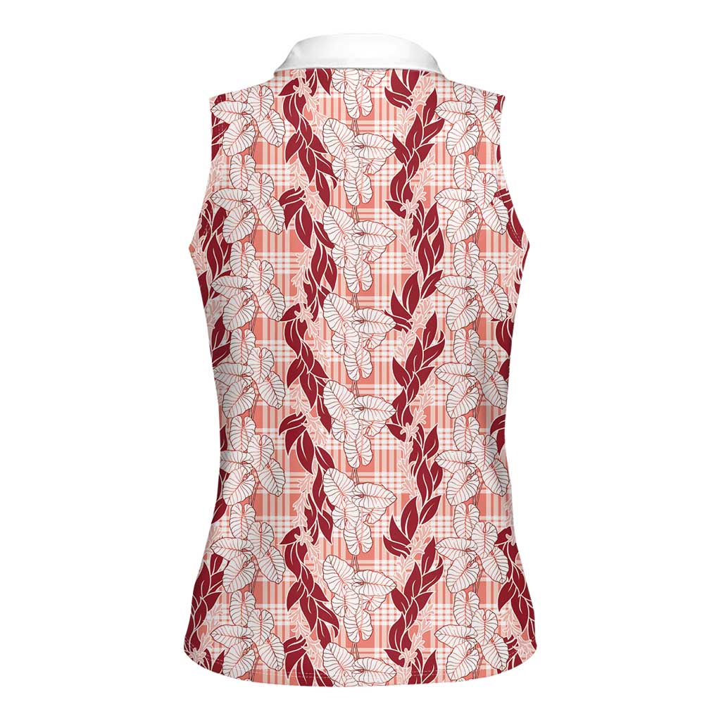 Hawaii Ti Leaf Maile Tuberose Lei Women Sleeveless Polo Shirt With Hanalei Leaf Red