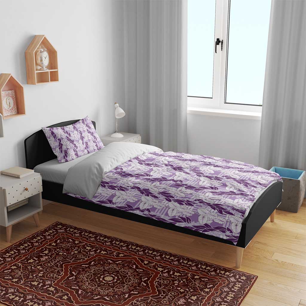 Hawaii Ti Leaf Maile Tuberose Lei Bedding Set With Hanalei Leaf Purple
