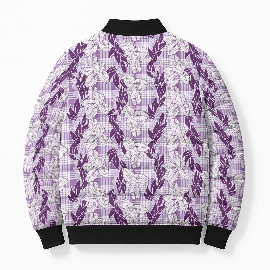 Hawaii Ti Leaf Maile Tuberose Lei Bomber Puffer Jacket With Hanalei Leaf Purple