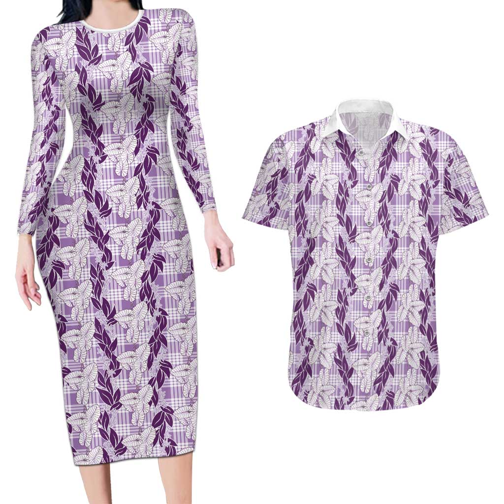 Hawaii Ti Leaf Maile Tuberose Lei Couples Matching Long Sleeve Bodycon Dress and Hawaiian Shirt With Hanalei Leaf Purple LT05 Purple - Polynesian Pride
