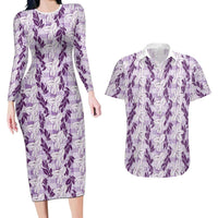Hawaii Ti Leaf Maile Tuberose Lei Couples Matching Long Sleeve Bodycon Dress and Hawaiian Shirt With Hanalei Leaf Purple LT05 Purple - Polynesian Pride
