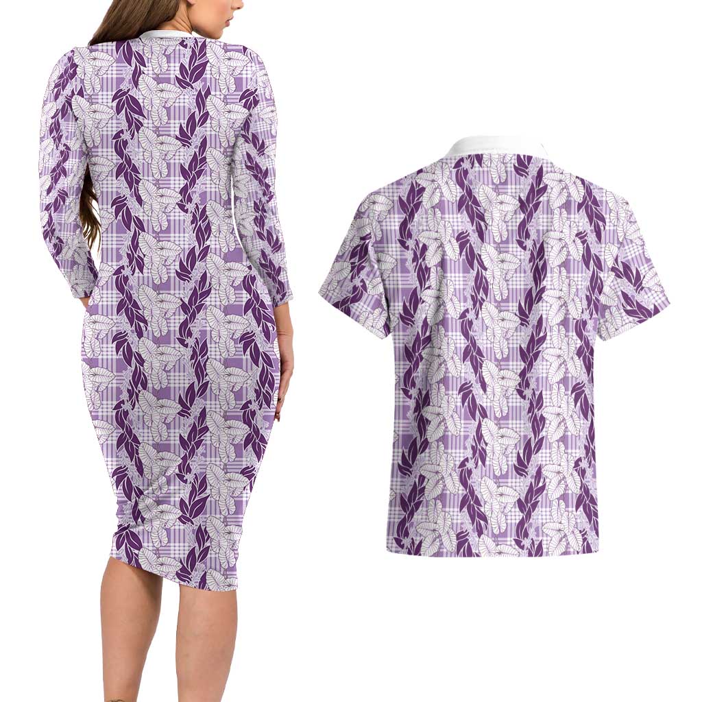 Hawaii Ti Leaf Maile Tuberose Lei Couples Matching Long Sleeve Bodycon Dress and Hawaiian Shirt With Hanalei Leaf Purple LT05 - Polynesian Pride