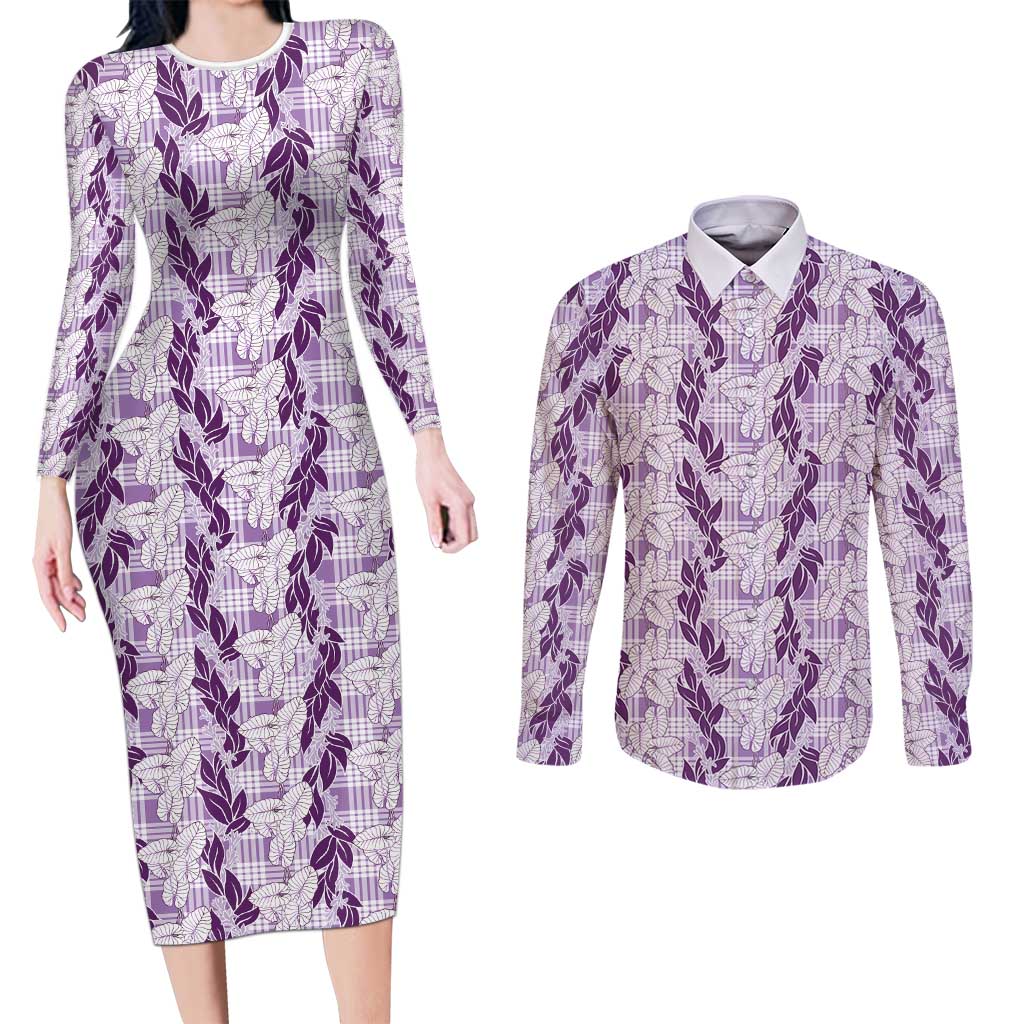 Hawaii Ti Leaf Maile Tuberose Lei Couples Matching Long Sleeve Bodycon Dress and Long Sleeve Button Shirt With Hanalei Leaf Purple LT05 Purple - Polynesian Pride
