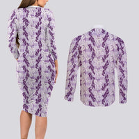 Hawaii Ti Leaf Maile Tuberose Lei Couples Matching Long Sleeve Bodycon Dress and Long Sleeve Button Shirt With Hanalei Leaf Purple LT05 - Polynesian Pride