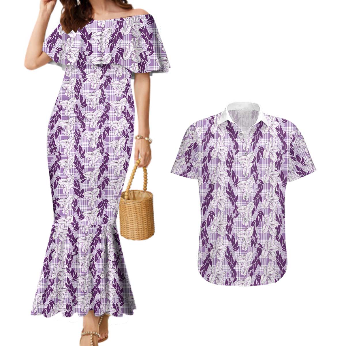 Hawaii Ti Leaf Maile Tuberose Lei Couples Matching Mermaid Dress and Hawaiian Shirt With Hanalei Leaf Purple LT05 Purple - Polynesian Pride