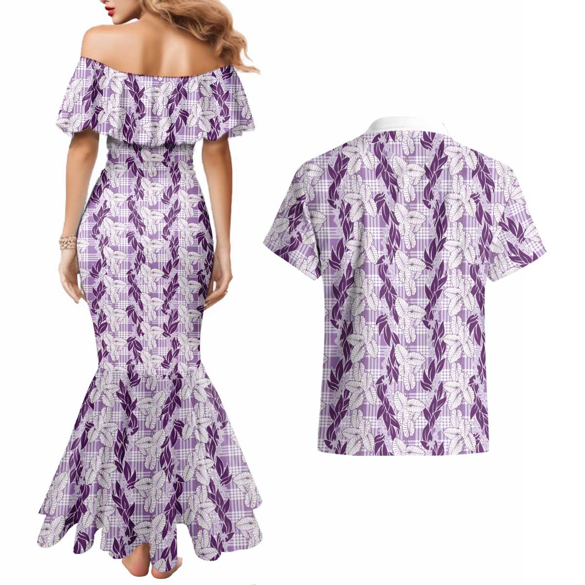 Hawaii Ti Leaf Maile Tuberose Lei Couples Matching Mermaid Dress and Hawaiian Shirt With Hanalei Leaf Purple LT05 - Polynesian Pride