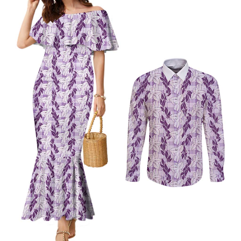Hawaii Ti Leaf Maile Tuberose Lei Couples Matching Mermaid Dress and Long Sleeve Button Shirt With Hanalei Leaf Purple LT05 Purple - Polynesian Pride