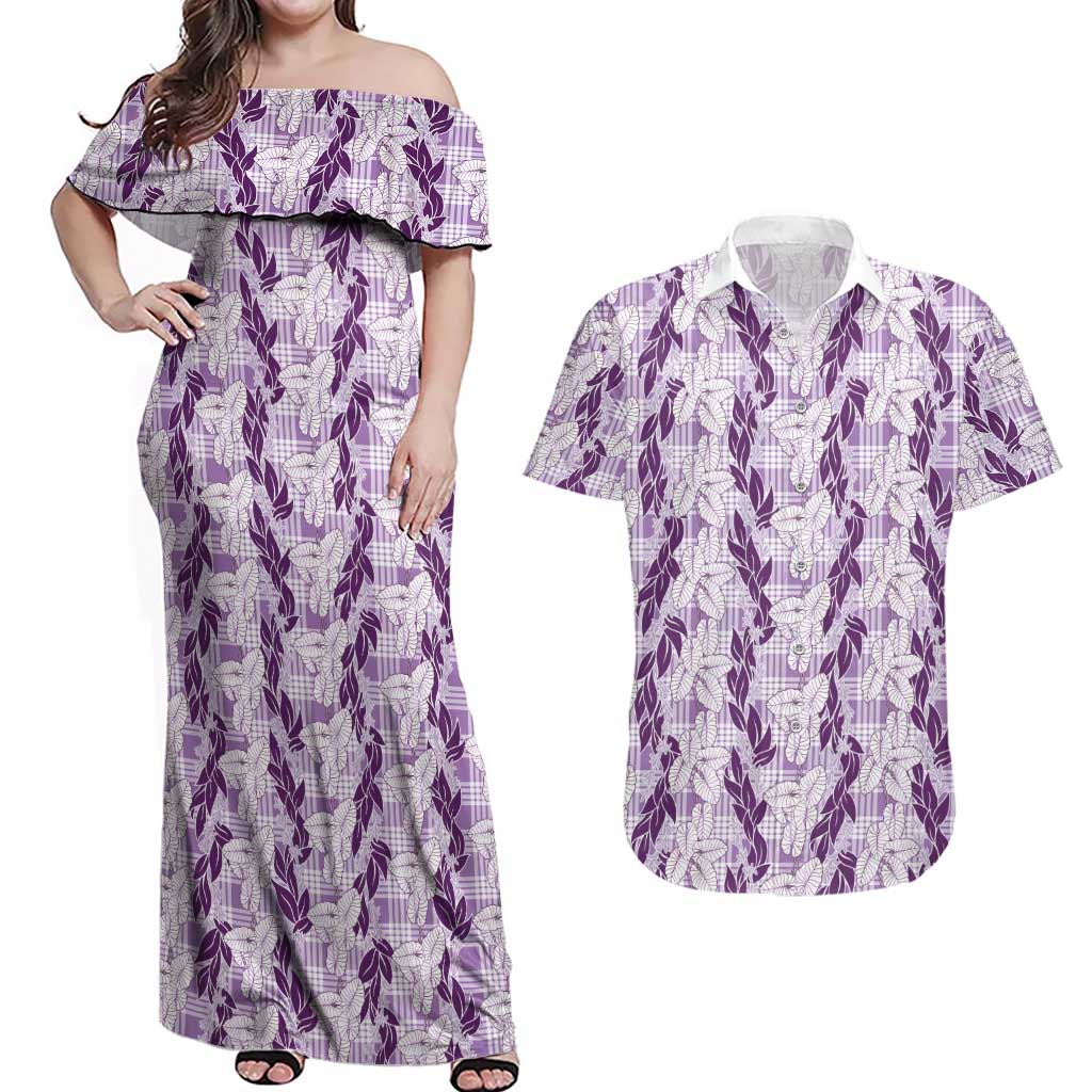Hawaii Ti Leaf Maile Tuberose Lei Couples Matching Off Shoulder Maxi Dress and Hawaiian Shirt With Hanalei Leaf Purple LT05 Purple - Polynesian Pride