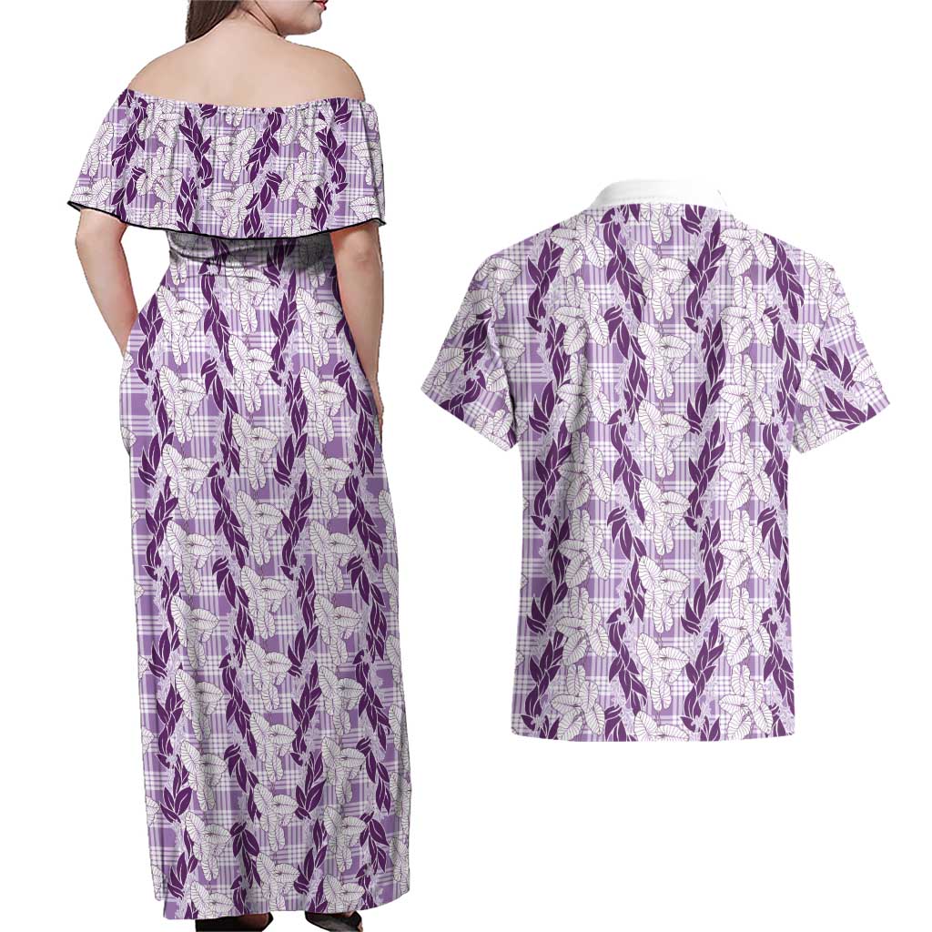 Hawaii Ti Leaf Maile Tuberose Lei Couples Matching Off Shoulder Maxi Dress and Hawaiian Shirt With Hanalei Leaf Purple LT05 - Polynesian Pride