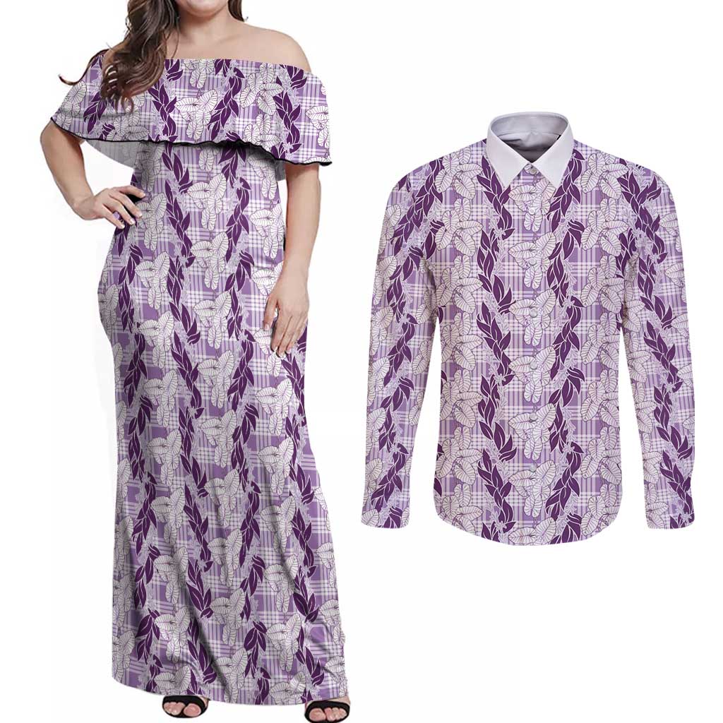 Hawaii Ti Leaf Maile Tuberose Lei Couples Matching Off Shoulder Maxi Dress and Long Sleeve Button Shirt With Hanalei Leaf Purple LT05 Purple - Polynesian Pride